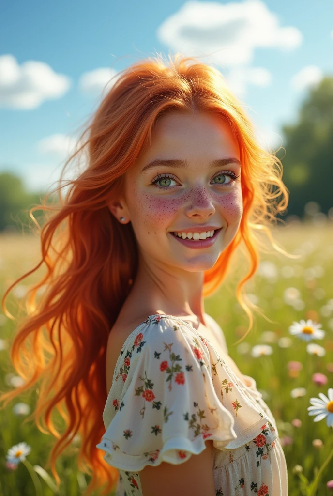 

A young woman with red hair and freckles