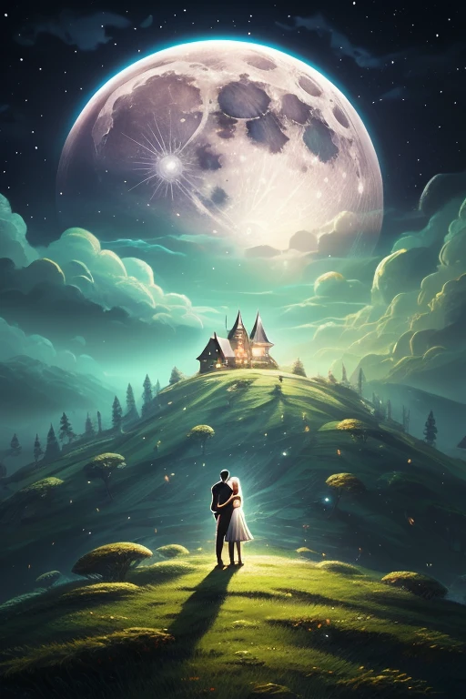 a painting of a couple of people standing on top of a hill, cyril rolando and m.w kaluta, cyril rolando and m. w kaluta, fantasy painting hd, beautiful depiction, in the moon, magical realism and dark fantasy, fantasy book illustration, fantasy rpg book illustration, under the moon, andrews esao artstyle, the glow of the moonlight