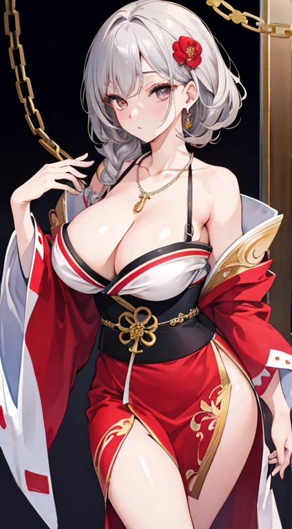 (Masterpiece artwork:1.2), (best qualityer:1.2), perfects eyes, face perfect, perfect lighting, 1girl, Mature female Onmyouji, grey middle hair, black and gold brooch, long sleeves, necklace, chains, shoulder straps, black stockings, ligatures, detailed midnight background, deep dark light, make-up, ombre, bushy eyelashes, fancy, gazing at viewer, sexy, grown-up, legs thick, C-cup boobs, red kimono, white clothes