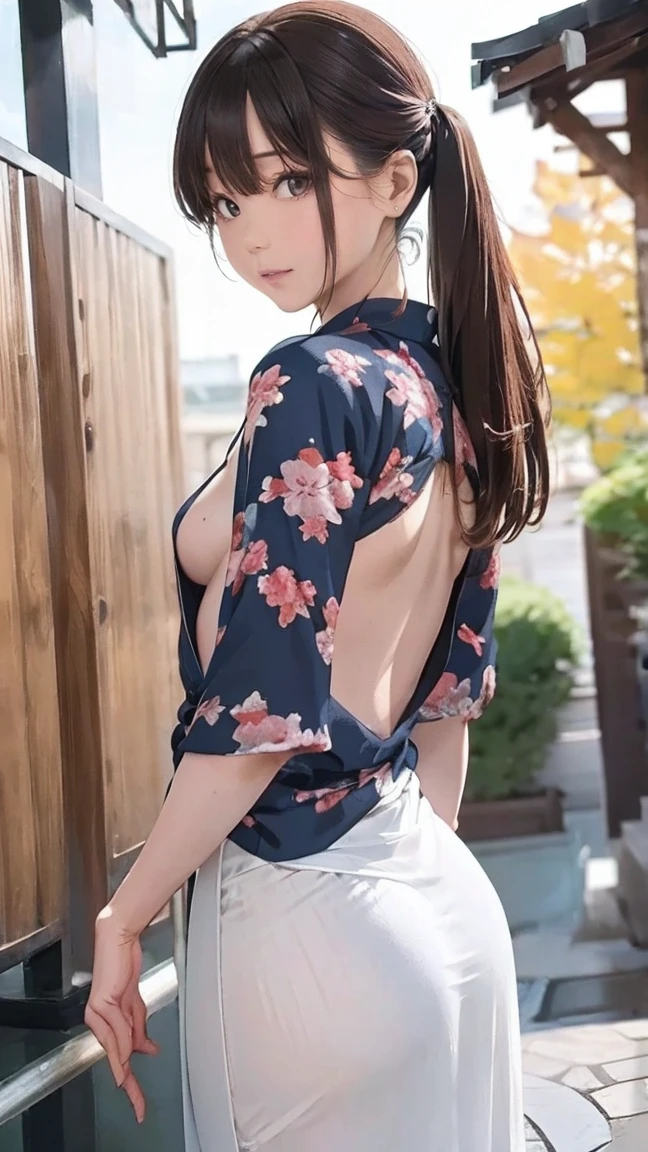 Yukata、Close contact to the body、Alluring、, drunk, modern, from behind, Canon, masterpiece, anatomically correct, super detail, high details, high quality, 16k