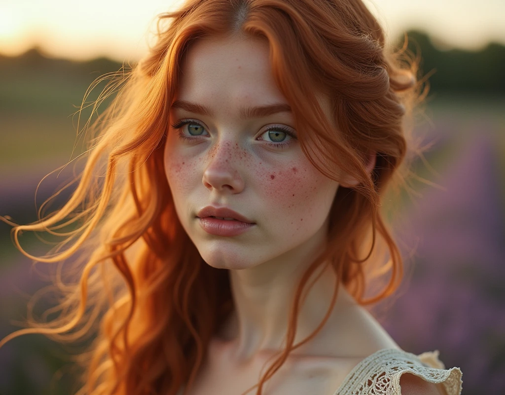 Redhead girl,looking at side, em close extremo, closed in the face. 超detailded. freckles, Rustic dress. Provence. retro photography, David Hamilton Style. Analog photography. grainy. nymph