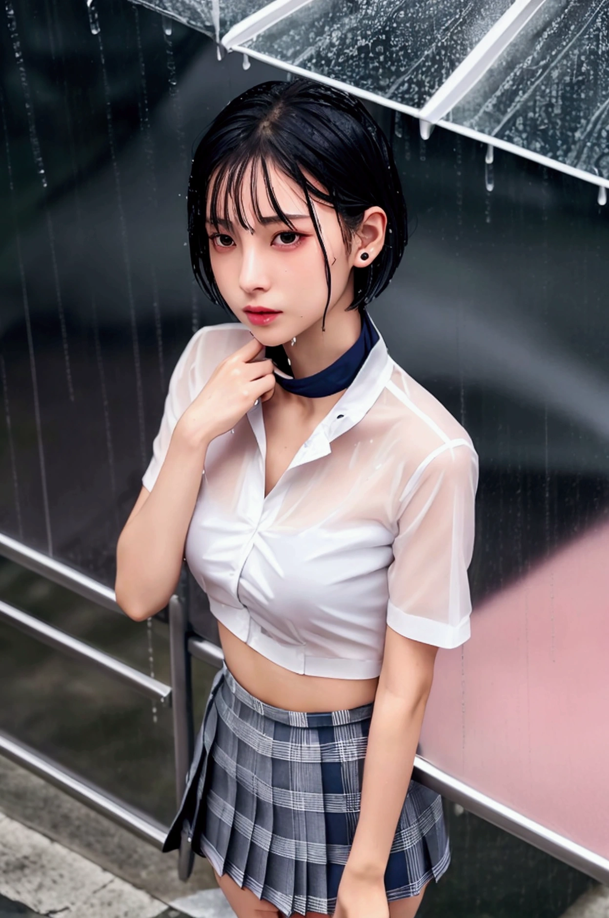 (8k, Photorealistic, Raw photo, Highest quality: 1.4),Japanese idol-style beautiful girl,1 person,(Short Bob),(Black),She has her hair tucked behind her ears,(Raindrops dripping from hair: 1.1),Clear grey eyes,Eyes moist,Long eyelashes,(piercings(small)),(Lip gloss),lips(Plump,glossy),Skin that is as white and smooth as translucent porcelain,Thin and delicate shoulders,thin abdomen,(Open-collar shirt(White,Short sleeve)),(bra(Pink)),(Pleated skirt(Plaid)),(socks(Dark Navy)),(loafers(Black)),summer,On the way home from school,(It is raining heavily all of a sudden),(Taking shelter under the awning of a cafe),(Soaked from head to toe),(Shirt wet and clinging to skin, translucent),(Raindrops are dripping down her chest.),(She is standing with her feet together.),(She looks out at the rainy street),(A cafe window as a backdrop),(Side view),(Snapshot of West Up)