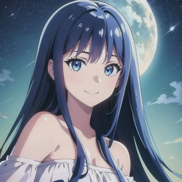 high quality, best quality,1girl,smile,cute face,blue hair, blue eyes, dress shirt, off-shoulder dress, white dress,  looking at viewer,night sky