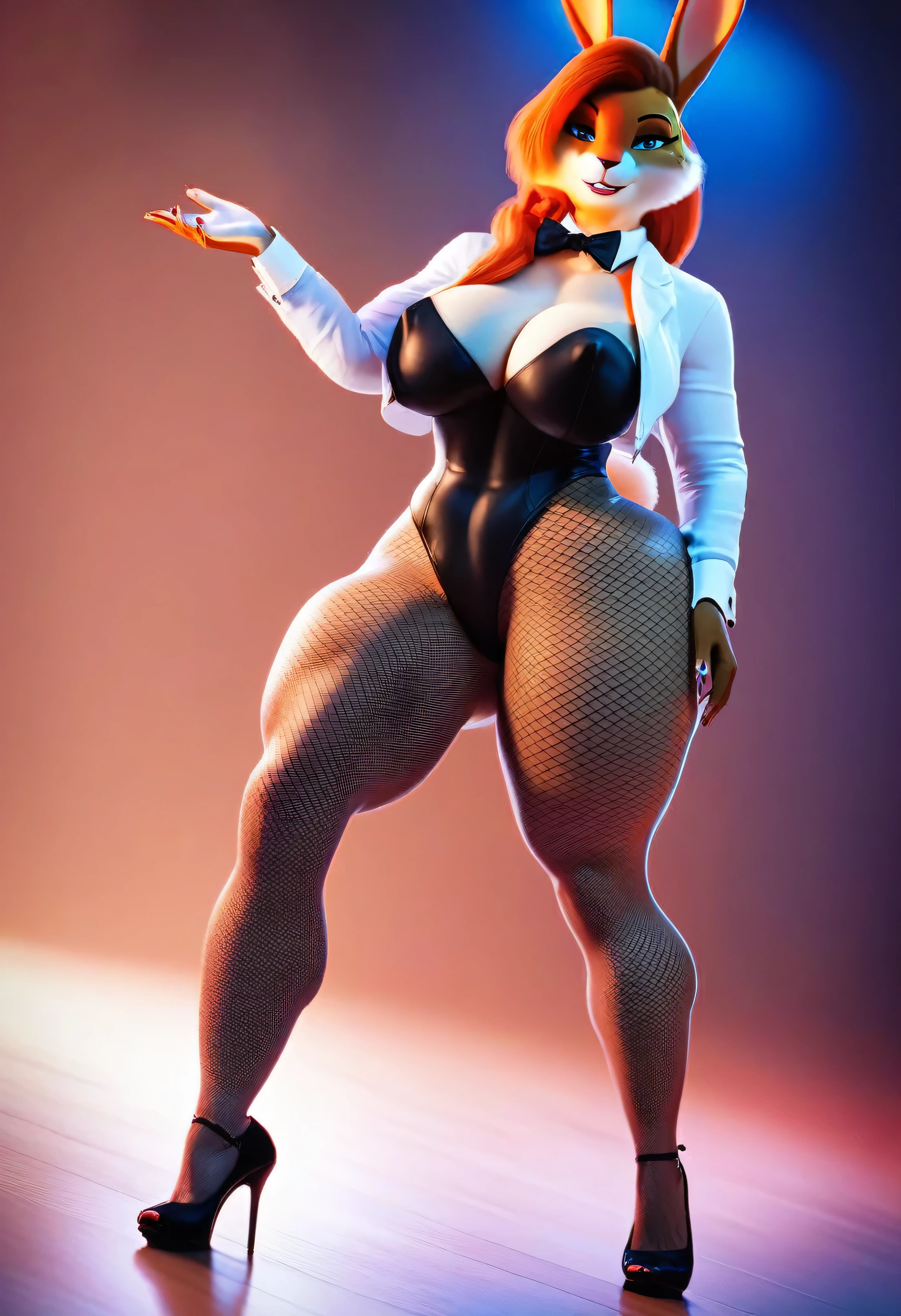 score_9, score_8_up, score_7_up, score_6_up, score_5_up, score_4_up, source_furry, e621, (mature female anthro bunny), MILF, looking at viewer, seductive, beautiful detailed eyes, (dressed like a Playboy bunny with fishnet tights and high heels), detailed fur, nipple outline, cleavage, voluptuous, hourglass figure, large breasts, thick thighs, cinematic lighting, professional lighting