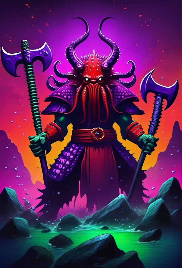 kraken samurai warrior, vivid red and red-orange with dark red speckles, covered in purple spikes and horns, giant spiked purple hammer, green ruins in tentacles, masterpiece, best quality, retro arcade art style, hyper detailed, intricate, octopus, creature, fantasy, cinematic lighting, dramatic, moody, powerful, fierce, intense, epic