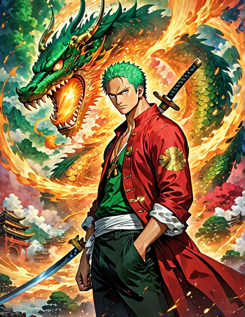 Roronoa Zoro from anime one piece. Three swords. Best angle. Particle fire. Dragon circle. symmetrical epic fantasy art, symmetrical fantasy landscape, portal to another world, a portal to the lost flame realm. (absurdres, highres, ultra detailed), 1 male, young adult, handsome, tall muscular guy, broad shoulders, green hair, green eyes, finely detailed eyes and detailed face, extremely detailed CG unity 8k wallpaper, (style), (full body:0.6), detailed background, red aura, red coat, gold amulet, dark shirt, black pants, gold detailing, sparkling red mist,