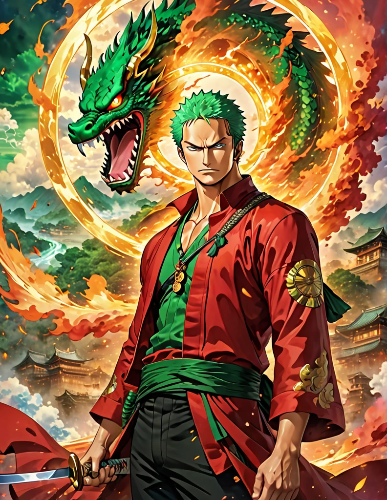 Roronoa Zoro from anime one piece. Three swords. Best angle. Particle fire. Dragon circle. symmetrical epic fantasy art, symmetrical fantasy landscape, portal to another world, a portal to the lost flame realm. (absurdres, highres, ultra detailed), 1 male, young adult, handsome, tall muscular guy, broad shoulders, green hair, green eyes, finely detailed eyes and detailed face, extremely detailed CG unity 8k wallpaper, (style), (full body:0.6), detailed background, red aura, red coat, gold amulet, dark shirt, black pants, gold detailing, sparkling red mist,