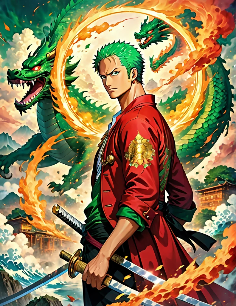 Roronoa Zoro from anime one piece. Three swords. Best angle. Particle fire. Dragon circle. symmetrical epic fantasy art, symmetrical fantasy landscape, portal to another world, a portal to the lost flame realm. (absurdres, highres, ultra detailed), 1 male, young adult, handsome, tall muscular guy, broad shoulders, green hair, green eyes, finely detailed eyes and detailed face, extremely detailed CG unity 8k wallpaper, (style), (full body:0.6), detailed background, red aura, red coat, gold amulet, dark shirt, black pants, gold detailing, sparkling red mist,