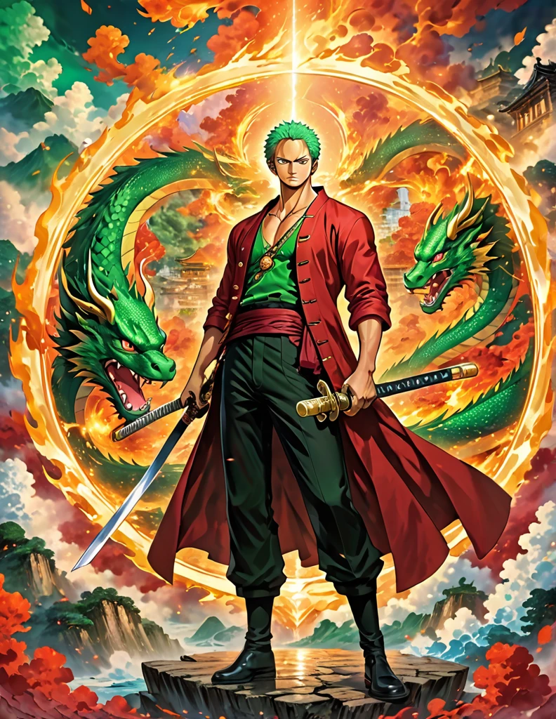 Roronoa Zoro from anime one piece. Three swords. Best angle. Particle fire. Dragon circle. symmetrical epic fantasy art, symmetrical fantasy landscape, portal to another world, a portal to the lost flame realm. (absurdres, highres, ultra detailed), 1 male, young adult, handsome, tall muscular guy, broad shoulders, green hair, green eyes, finely detailed eyes and detailed face, extremely detailed CG unity 8k wallpaper, (style), (full body:0.6), detailed background, red aura, red coat, gold amulet, dark shirt, black pants, gold detailing, sparkling red mist,