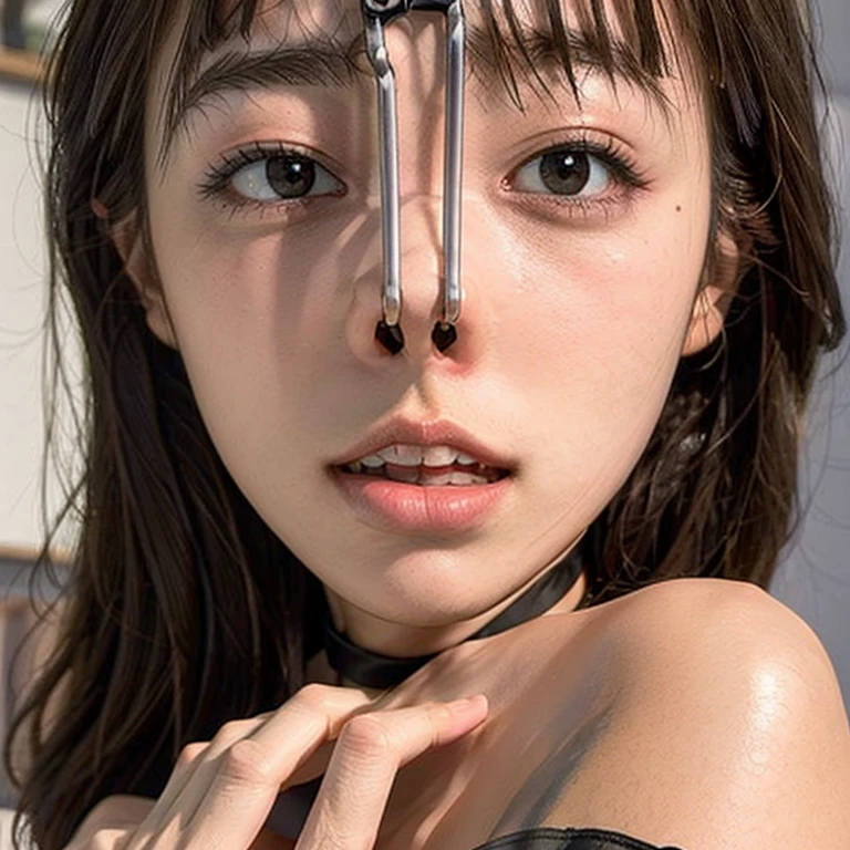(Browsing Caution:-2), (Realistic, photo-Realistic :1.4), (Highest quality, masterpiece:1.2), RAW Photos, High resolution, Intricate details, Very detailed, Realistic and sharp details, Portraiture, (Front view:1.2 ), alone, Beautiful Japanese Woman, Beautiful woman, (Black Hair), (Short Bob Hair), Detailed face, Detailed eyes, Beautiful Eyes, Refined nose, Pale skin, Fine skin, (Nose hook, Chain strap), (Gemstone Choker), clavicle, shoulder, T-Shirts, skirt, dress、(whole body)、(Configuration from below)、(tattoo)、（Nipples）、（Are crying）、（tearsを流す）、（tears:1.2）、（Eyes that cried）、（tearsを流す）、（Crying face）、Nose hook、Nose hookをしたTwo Women、対象的なTwo Women、（Two Women:1.2）、