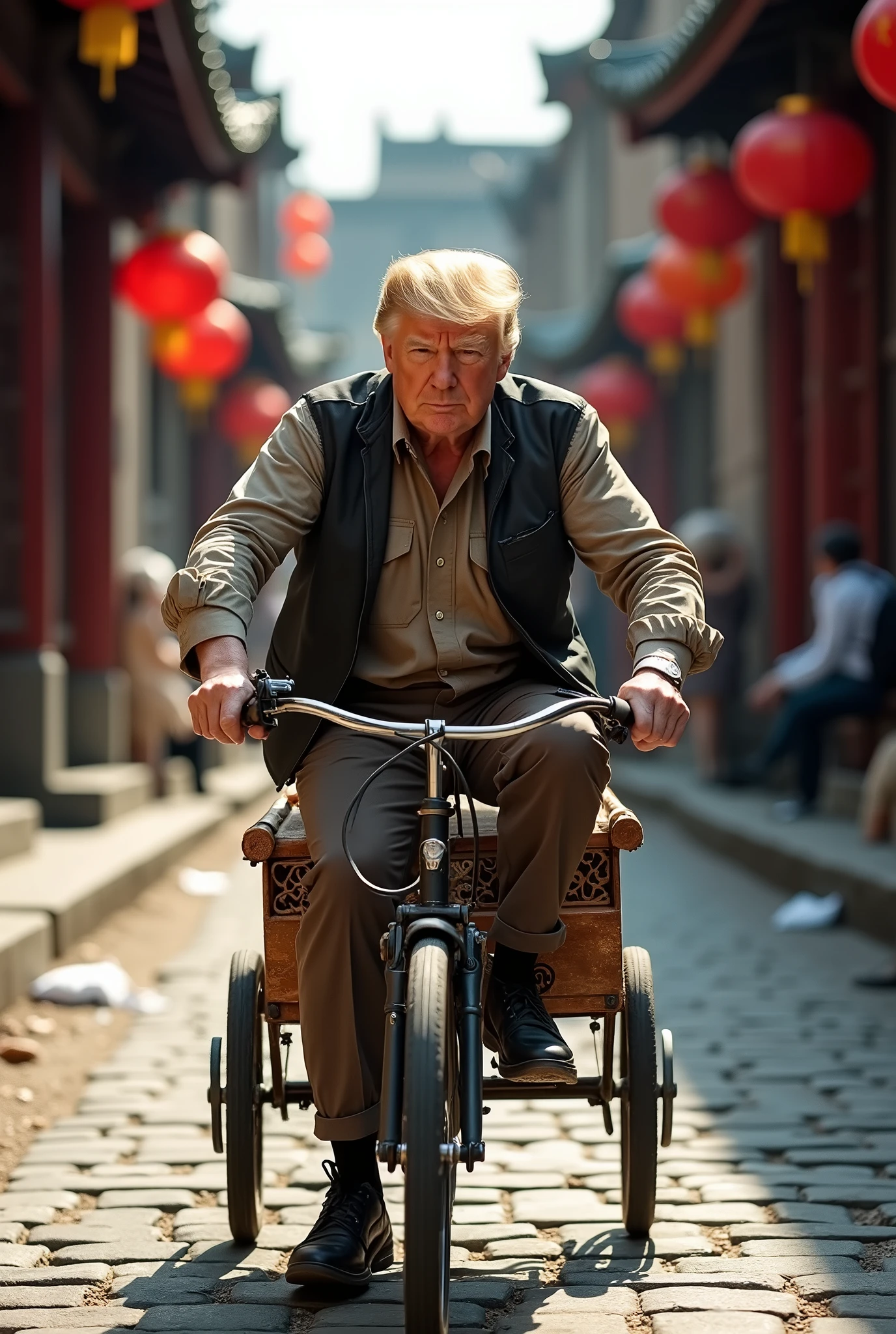 close up,best quality,masterpiece,President Trump is picking up trash in a hutong in Beijing.,cycle,Wearing torn clothes,Ride a tricycle