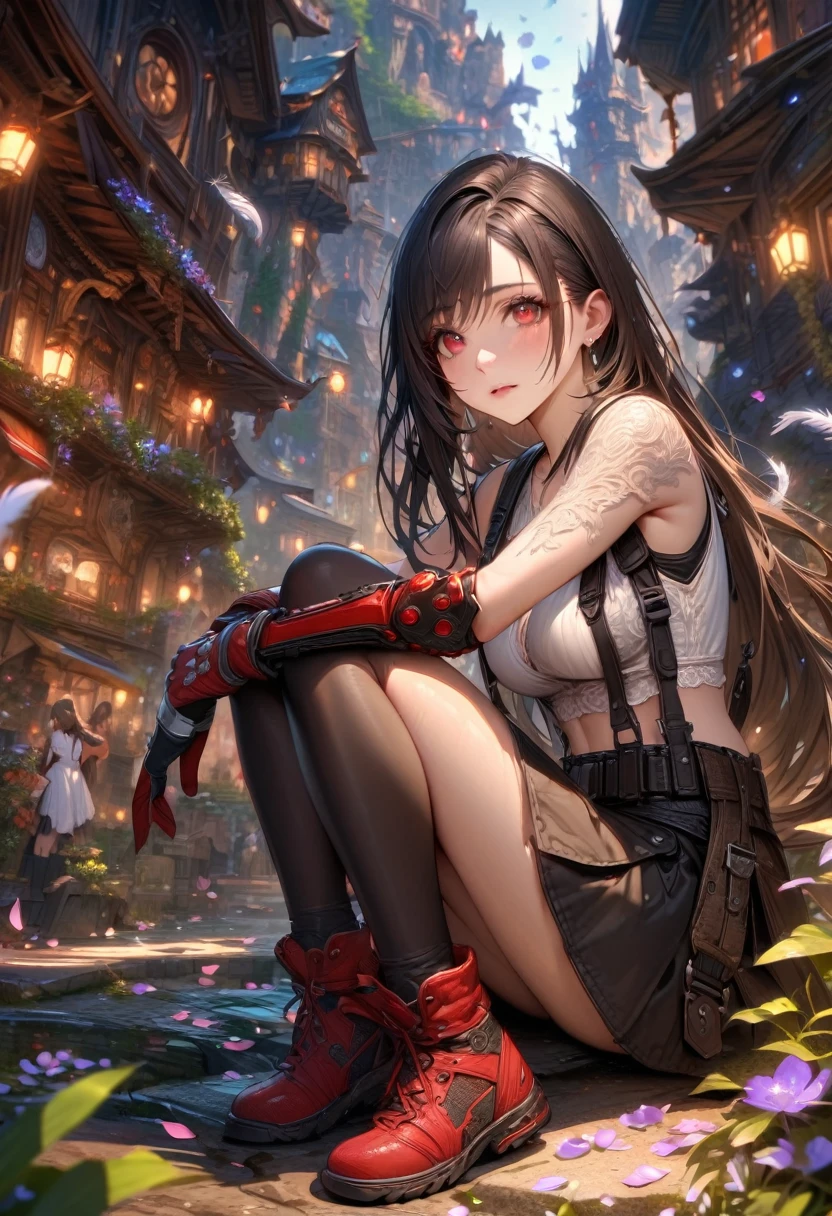 Ultra detailed, highres, absurdres, HDR, master piece, Tifa Lockhart, black hair, long hair, expressive red eyes, white shirt, red and black gloves, black skirt, black stockings, red shoes, Final Fantasy VII Remake, petals, fireflies, woman sitting, solo, extremely beautiful, very detailed face and eyes, best quality, fantasy, magical, realistic face, fantasy city, feathers,