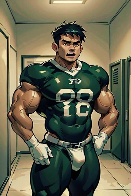 Danny Phantom, ghost, hypnosis, jock, conversion, locker room hallway, hyper muscles, jockstrap, bro, meathead, hypnotized, brainwashed, brainwashing, big dumb jock, football. Danny Fenton is hypnotized by Dash to assimilate and become another dumb cocky smirking fitness-obsessed bodybuilder football jock bro. Glowing green eyes. Hyper crotch bulge. Massive bulging crotch. Big balls. Big biceps. Big triceps. Big traps. Broad shoulders. Big meaty pecs. Big thighs. Thick glutes. Football team assimilation. Black hair. Deep dull voice. glazed expression. dumber and dumber. Open mouth. Clothes turning into a football uniform. Forgetting. Number 16 on his football uniform. IQ drain. Mindless. Brainless. Brute. Brutification. "I feel like I ... I ... I'm a ... I'm a .... Yes, ... just a meathead jock.... just muscle ... and meat.... Bro.... I am a meathead.... I am a bro.... I am a jock.... I am a meathead.... I am a bro.... I am a jock.... Anything you say, Dash.... Obey ... the QB.... I am a jock. I am a meathead.... I obey ... my QB."