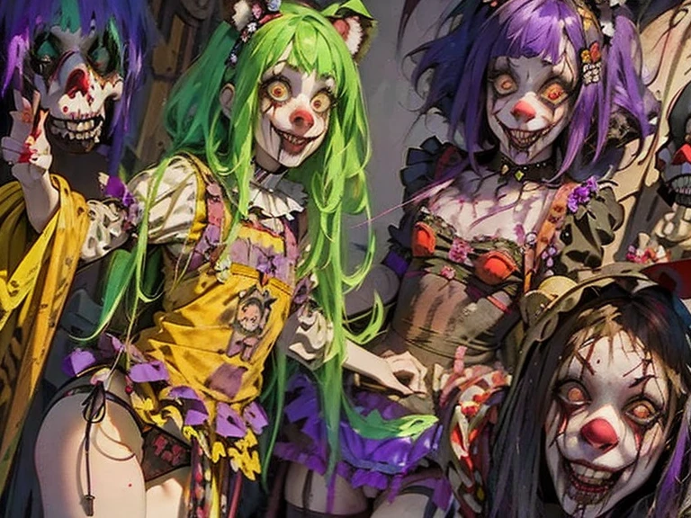 Gruesome and spooky details、An atmosphere full of suspense and tension、Psychological horror、Cute Smile、Clowns and circus atmosphere、A terrifying moment、Psychedelic dream scenario、Alice in Wonderland、Enthusiastic atmosphere、Mischievous Smile、Expressive gestures、Comical movement、Rainbow Hair、Leopard print underwear,sexy,Small bra and panties、