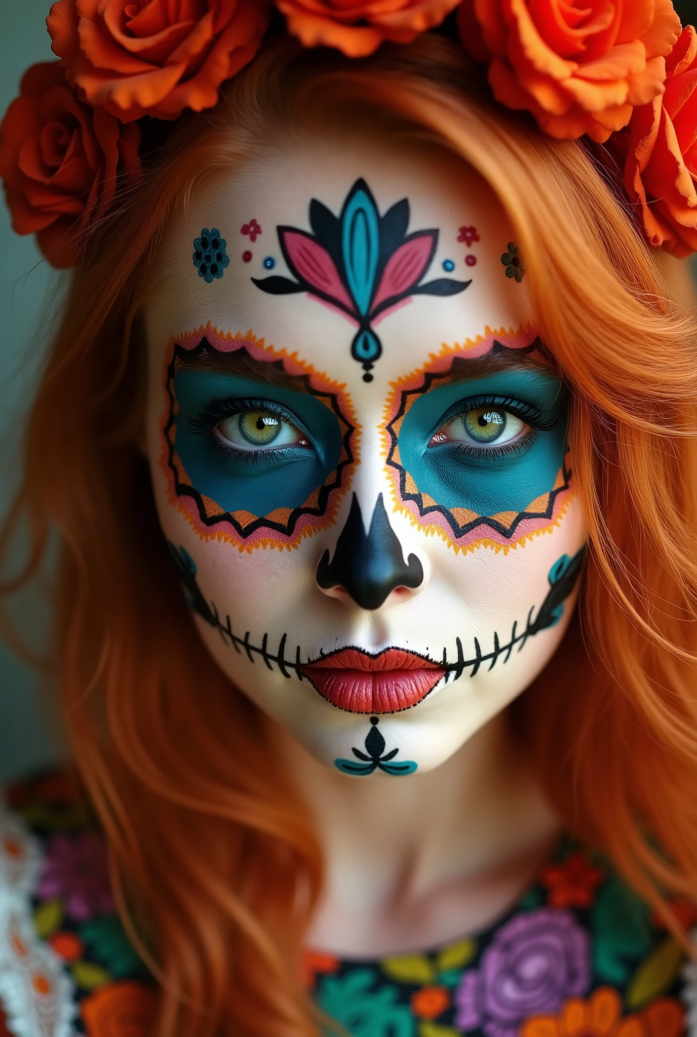 photo by full body ,beautiful redhead with mexican skull painted face, new, skin fair