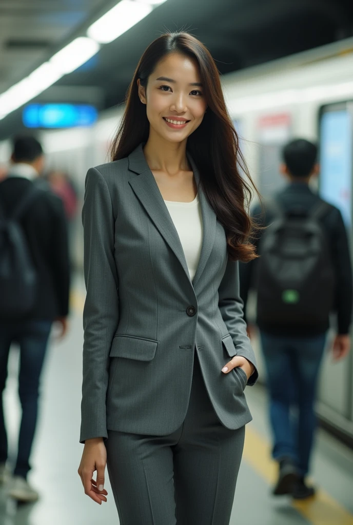 40 year old beautiful busty asian woman、Highest image quality、realistic、16K、baby face、cute、long hair、slim、Standing、OL in the subway、gray suit、whole body、smile、panoramic、show me your long legs、Photographed quite far away、whole body姿、Back view、Full body、