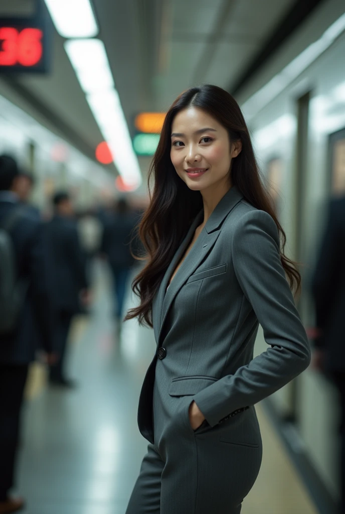 40 year old beautiful busty asian woman、Highest image quality、realistic、16K、、cute、long hair、slim、Standing、OL in the subway、gray suit、whole body、smile、panoramic、show me your long legs、Photographed quite far away、whole body姿、Back view、Full body、