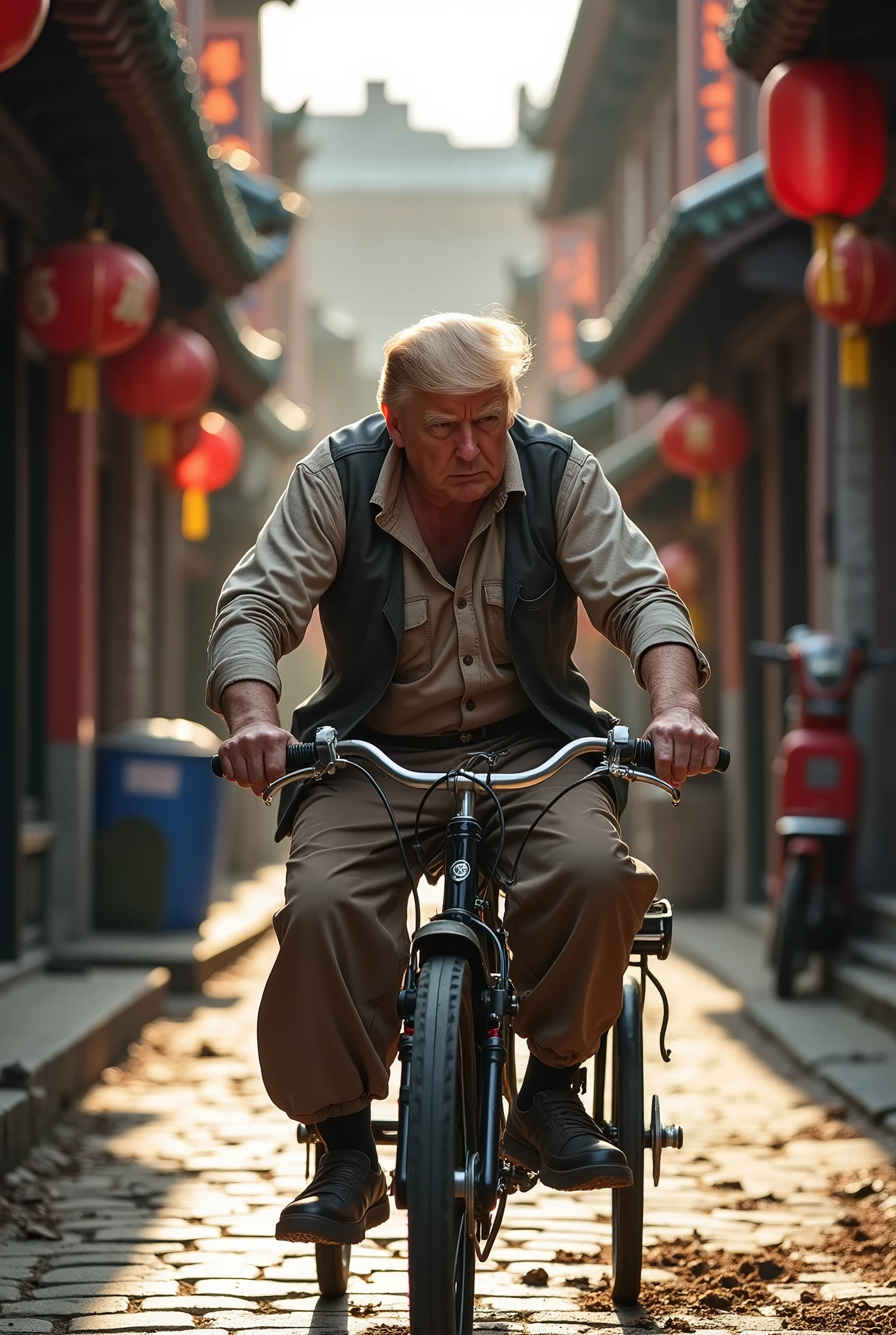 close up,best quality,masterpiece,President Trump is picking up trash in a hutong in Beijing.,cycle,Wearing torn clothes,Ride a tricycle
