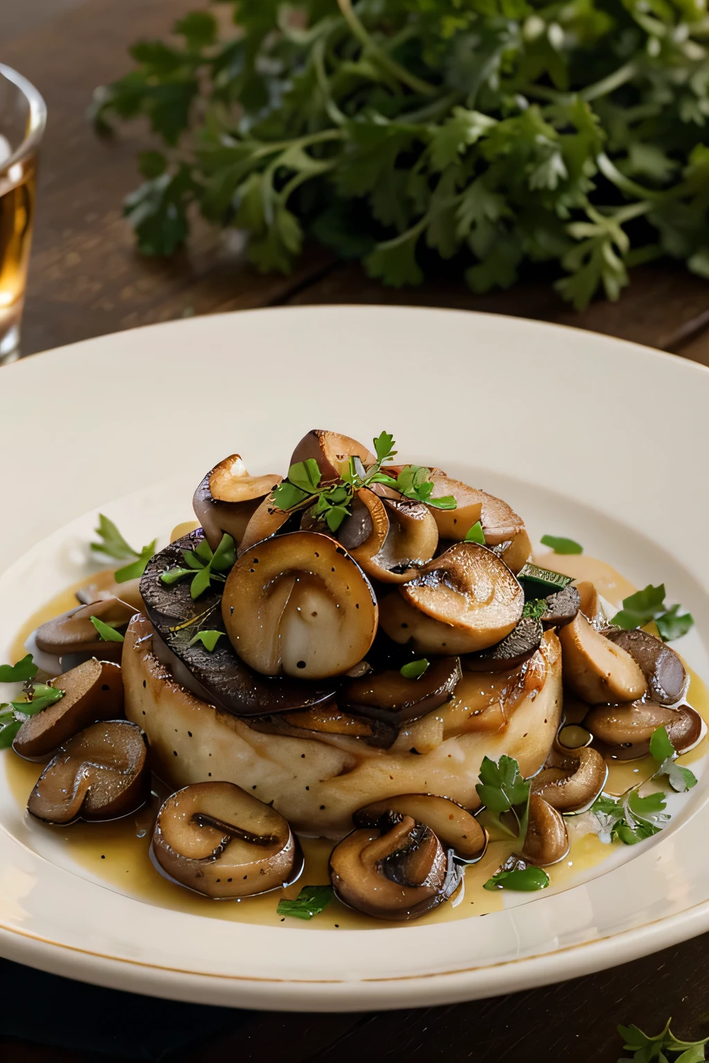 professional photo of Funghi Trifolati: Sautéed mushrooms with garlic and parsley, with an Impressionist graphic style, Photo for the menu of an Italian restaurant. Professional photorealistic food photography, Impressionist graphic style, Restaurant menu photography, Italian cuisine, delicate details, appetizing, elegant, Soft lighting, warm color tones, high contrast, shallow depth of field, Premium quality. Menu of a restaurant this would be an appetizer