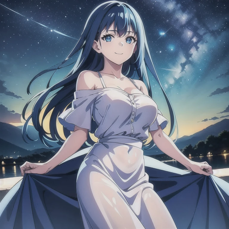 high quality, best quality,1girl,smile,blue hair, blue eyes, dress shirt, off-shoulder dress, white dress, looking at viewer,night sky