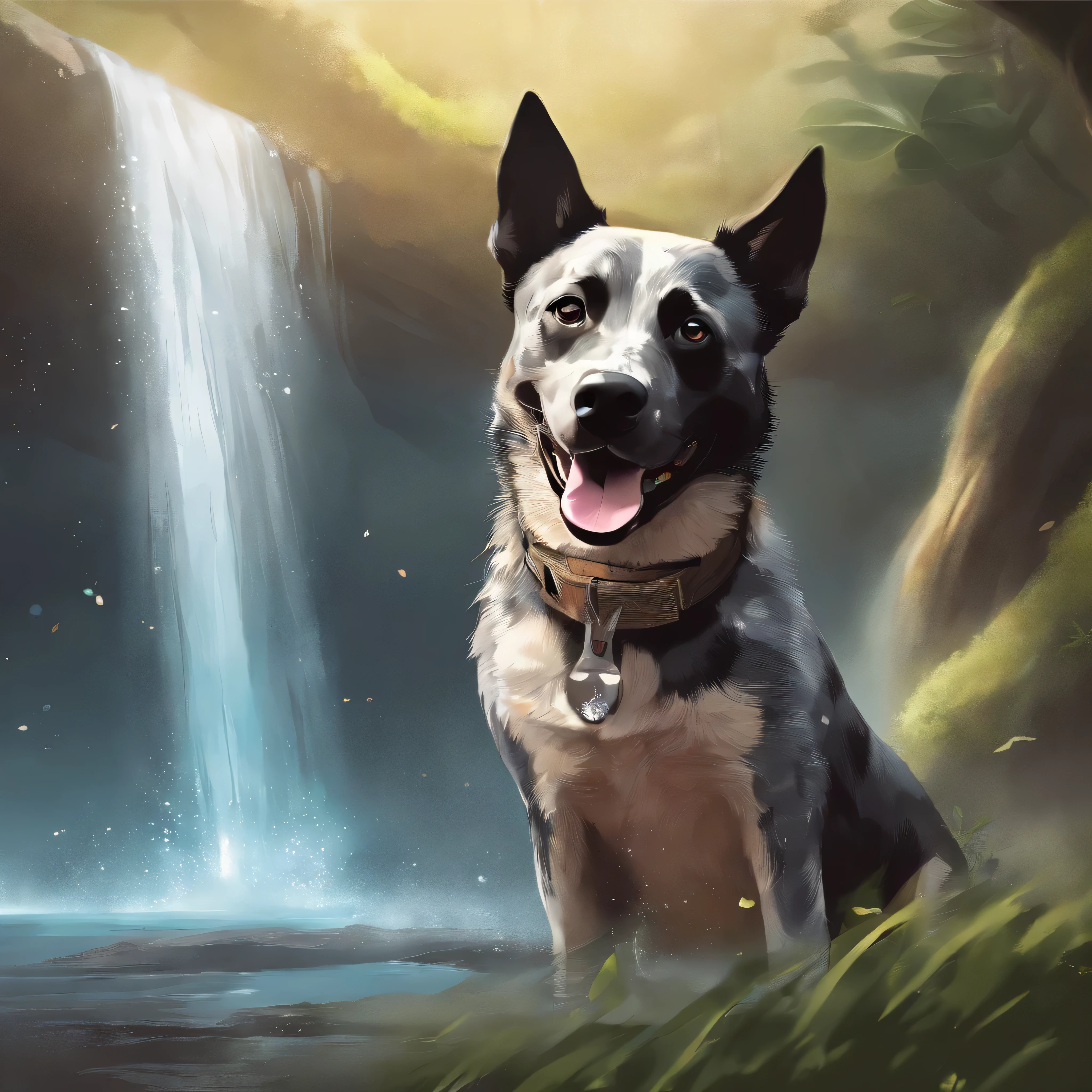 Australian cattle dog smiling underneath the waterfall