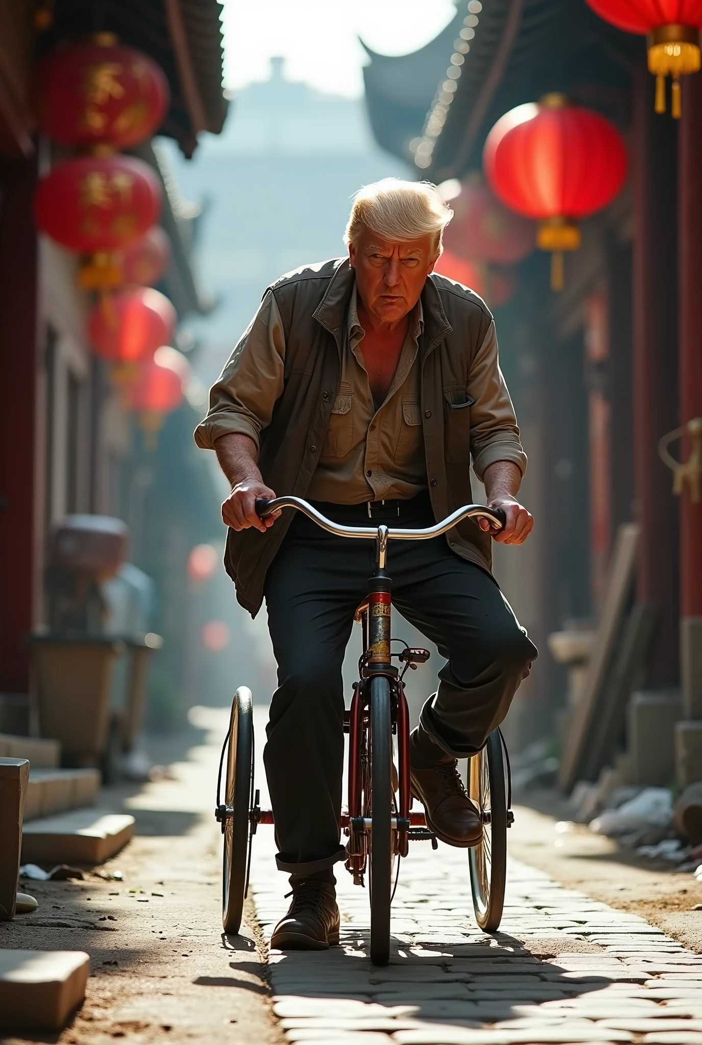 close up，best quality，masterpiece，President Trump is picking up trash in a hutong in Beijing.，cycle，Wearing torn clothes，Ride a tricycle