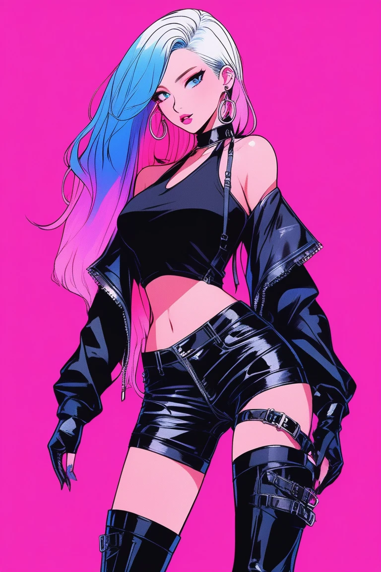 Illustrator, anime , Realistic ,sketch , 1 person, model, lip, wearing strapless and corset-like body suit, wearing black fishnet stockings and black boots with laces, order, Blue and pink gradient background, Neon colored hair, Big Breasts, whole body, Sexy look, Sexy pose, Texture Trim, Russia, (masterpiece,Highest quality)
