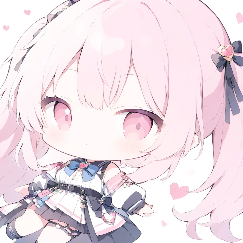 One woman,Neon pink hair,Twin tails,((chibi character)) background(ハートのbackground,Lots of hearts,Pink,Watercolor style) smile,cute,Fantasy