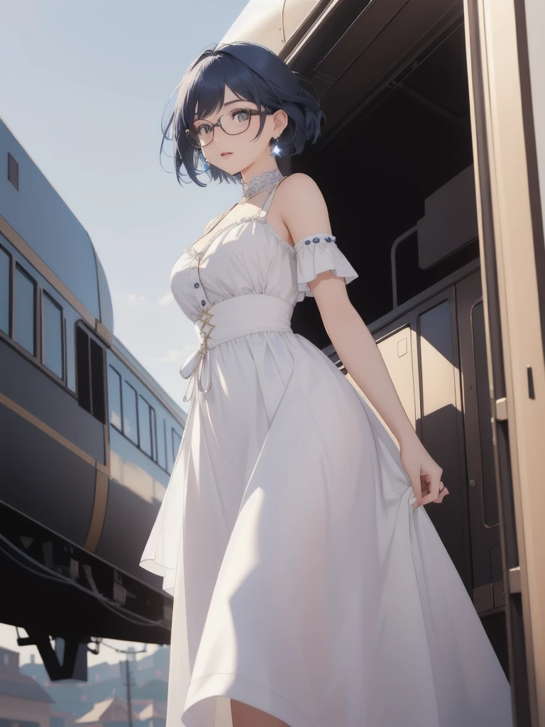 (A girl from below), ((full body)), beautifully detailed eyes, beautifully detailed lips, extremely detailed eyes and face, long eyelashes, white dress, wearing glasses, blue hair, short hair, back view, atmospheric lighting, detailed foliage, vibrant colors, (highest quality, 4k, 8k, high resolution, masterpiece: 1.2), ultra detailed, (realistic, photorealistic, photorealistic: 1.37), complex background, dreamy atmosphere, cinematic lighting,A highly detailed, clear, masterpiece, 8K, high resolution, ultra-detailed, photorealistic, professional lighting, cinematic lighting, fashion photography, ambient lighting, fantasy, background, floating trains, giant airships, surreal, amazing, scene, wonderful, complex, giant cityscapes, from below, ancient city, atmosphere