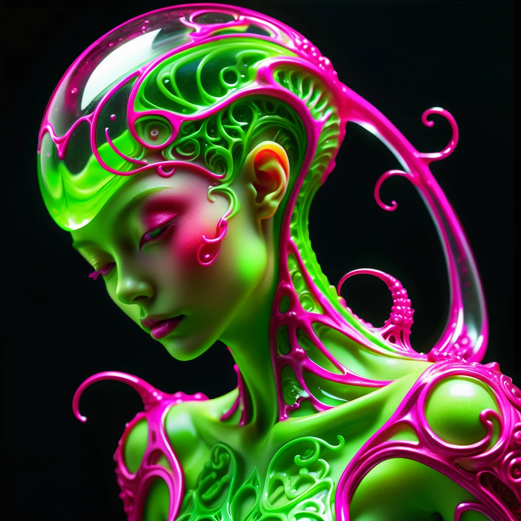 photo, 8k, neon green and hot pink filigree,((surreal)) alien jello sculpture sitiontatue, intricate, elegant, highly detailed, majestic, digital photography, art by artgerm and ruan jia and greg rutkowski surreal painting filigree, broken glass, (masterpiece, sidelighting, hdr, realistic, high definition, Masterpiece+++