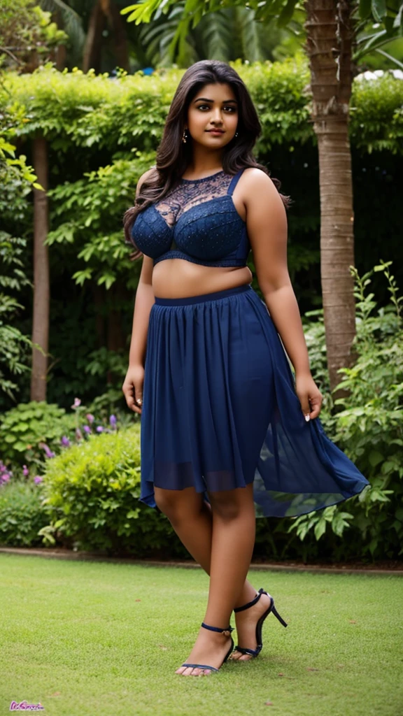 Day scene, A 25 year old beautiful South Indian plus sized woman , navy blue colour chiffon short skirt and bra wearing women in garden, in a suductive expression full body image, photo taken from distance 
