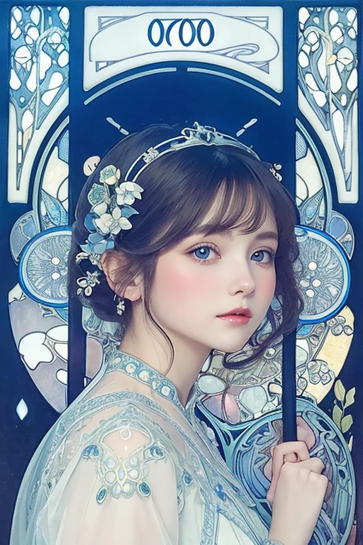 Beautiful woman、White and blue dress、(((Mucha&#39;s style)))、High-definition painting