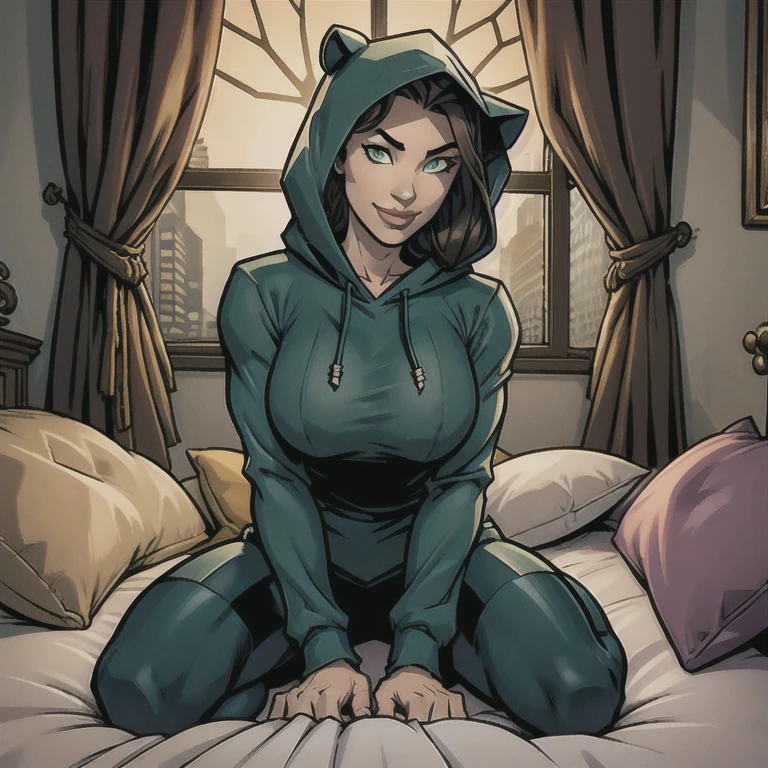 comely, (work of art), best qualityer, (extremely detailded face), extremely detailded eyes,  perfect lighting, broad detail, detailded, deep skin,texturized skin,
,bear costume ,black bear costume, long sleeves, hood,,malva , long hair, greeneyes, great smile,on the  bed ,sitting between pillows,
,