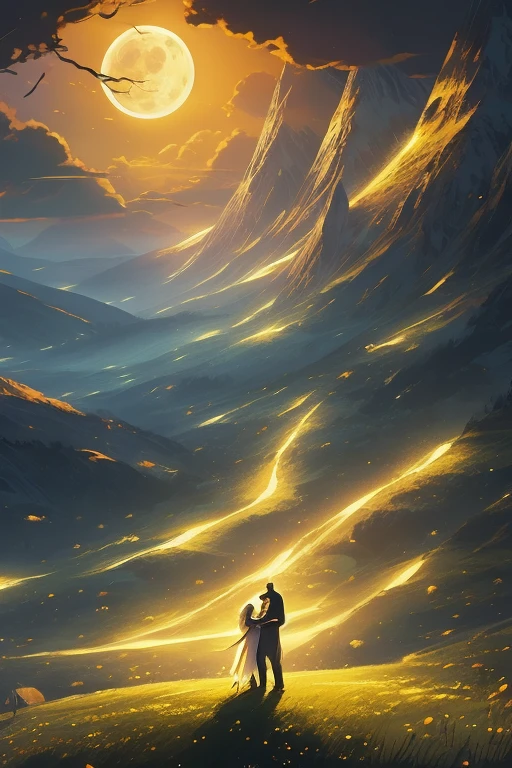 a painting of a couple of people standing on top of a hill, cyril rolando and m.w kaluta, cyril rolando and m. w kaluta, fantasy painting hd, beautiful depiction, in the moon, magical realism and dark fantasy, fantasy book illustration, fantasy rpg book illustration, under the moon, andrews esao artstyle, the glow of the moonlight