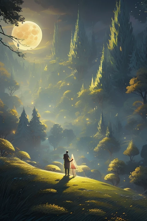 a painting of a couple of people standing on top of a hill, cyril rolando and m.w kaluta, cyril rolando and m. w kaluta, fantasy painting hd, beautiful depiction, in the moon, magical realism and dark fantasy, fantasy book illustration, fantasy rpg book illustration, under the moon, andrews esao artstyle, the glow of the moonlight