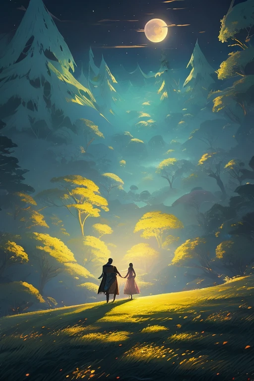 a painting of a couple of people standing on top of a hill, cyril rolando and m.w kaluta, cyril rolando and m. w kaluta, fantasy painting hd, beautiful depiction, in the moon, magical realism and dark fantasy, fantasy book illustration, fantasy rpg book illustration, under the moon, andrews esao artstyle, the glow of the moonlight