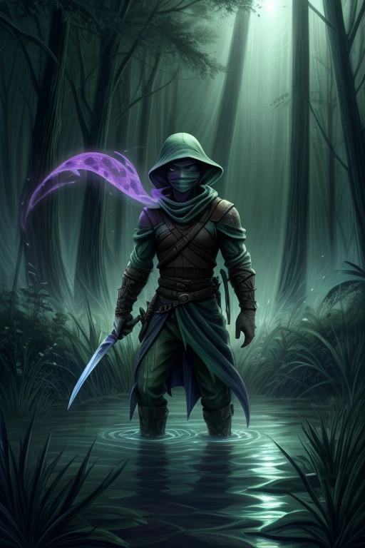 A purple-scaled Rogue Draconato silently glides through a misty swamp. He wears garments that blend into the humid and misty environment, and his eyes shine brightly, watchful of any movement around. He carries a curved dagger, ready to defend itself from any creature that may emerge from the dark and murky waters."
