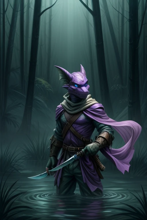 A purple-scaled Rogue Draconato silently glides through a misty swamp. He wears garments that blend into the humid and misty environment, and his eyes shine brightly, watchful of any movement around. He carries a curved dagger, ready to defend itself from any creature that may emerge from the dark and murky waters."