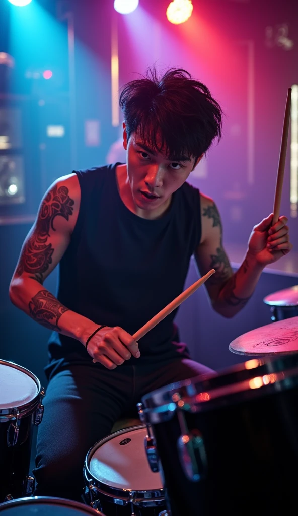 Close up of Handsome korean drummer seen to raise his hand holding drumstick, face energized and looking excited, eyes looking at camera, sleeveless black shirt, ripped jeans, tattoes, nice body and nice shoulder, over shoulder shot. in a club. focus on his face and drums. HDR, Realistic
