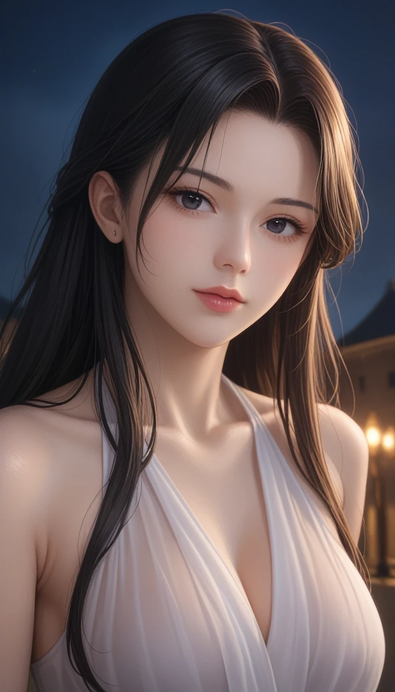 score_9, score_8_superior, score_7_superior, High-resolution CG illustration,A masterpiece in 32K resolution,Highest quality,it is really amazing,Very detailed,Ultra-high resolution,Ultra-realistic,Realistic,Increased depth of field,Cinematic lighting,
Sexy mature Japan woman,
Glossy black hair,Wavy long hair,Showing his forehead,god々Beautiful,Ultra-detailed and beautiful face,Sensual look,Beautiful dark brown, moist eyes,Pitch black eyes,Glowing, moisturized skin,Translucent white skin,born々New skin texture,Great proportions,
Ancient Greek chiton-style long dress,
Simple design,The graceful design of the fabric naturally draping,Flowing pleats,白いコットンborn地の柔らかな質感,
A dark and blurry night background,Dark overcast sky on a dull night,Dark clouds filling the sky,Thundercloud,Coastline at night,Golden reflections on the sea surface,delay々A desolate sandy beach that continues,
Beautiful face close-up,High angle,