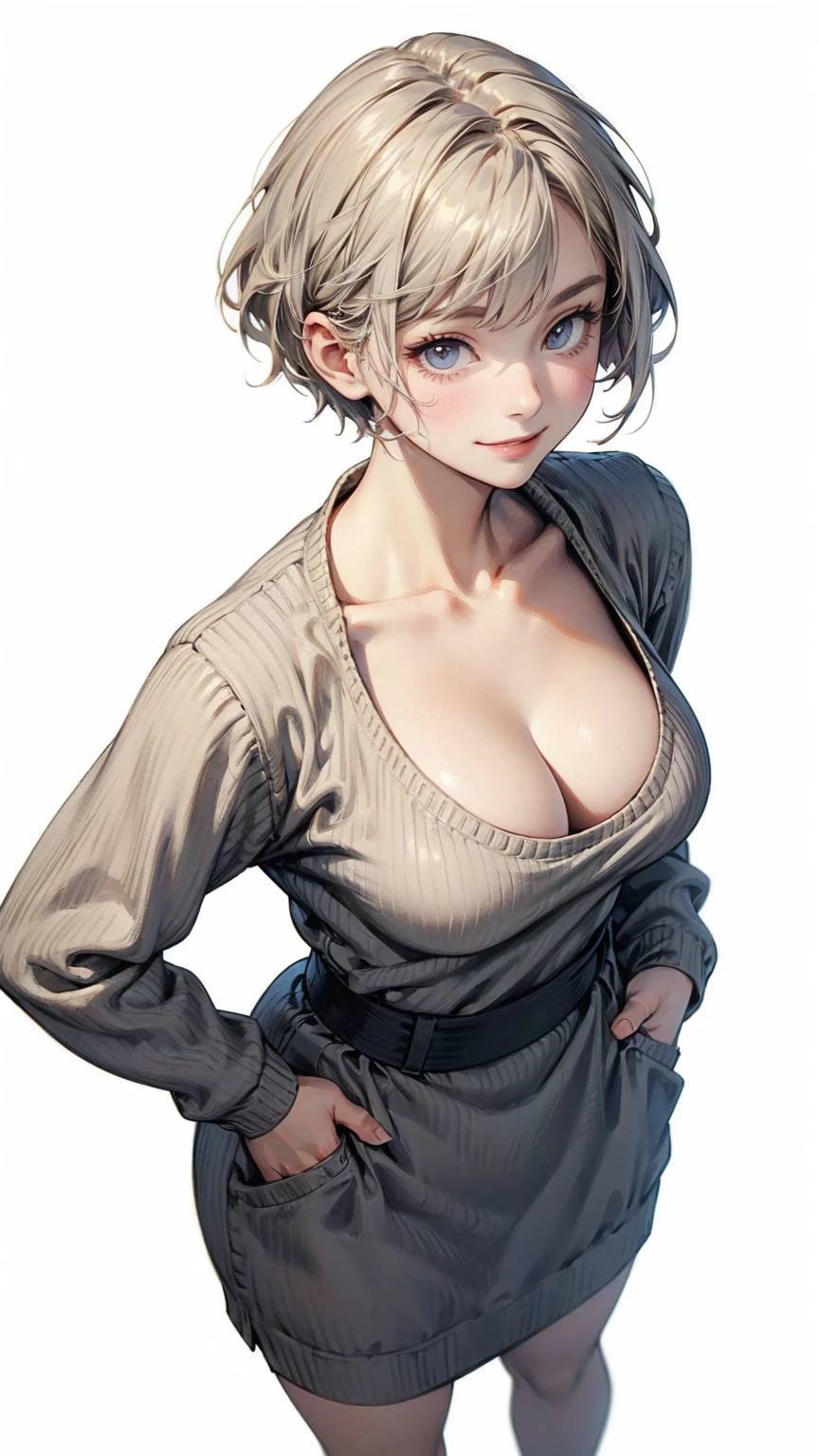 Top view, A woman bending forward, showing her cleavage., Hands in pockets, Ash grey asymmetrical short hair, Smiling with eyes looking up, Beige knit dress, White background:1.5, Anime Style, Digital Painting, (masterpiece, High resolution, Highest quality)