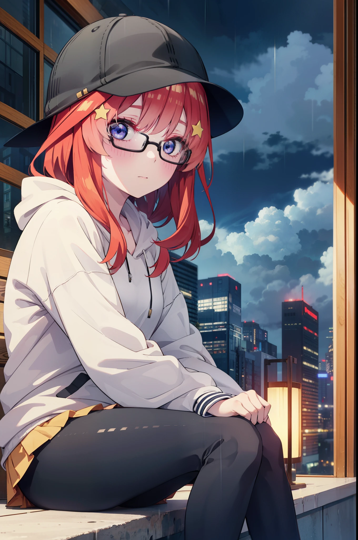 itsukinakano, Itsuki Nakano, bangs, blue eyes, Hair between the eyes, Ahoge, Redhead, star \(symbol\), hair ornaments, star hair ornaments,blush,Baseball hats,Black-rimmed glasses red oversized hoodie,mini skirt,Black tights,short boots,Hiding in a building with a roof,Sitting on the stairs,night,rain,cloudy,whole bodyがイラストに入るように,
break indoors, Alley,
break looking at viewer, whole body,
break (masterpiece:1.2), Highest quality, High resolution, unity 8k wallpaper, (figure:0.8), (Beautiful attention to detail:1.6), Highly detailed face, Perfect lighting, Highly detailed CG, (Perfect hands, Perfect Anatomy),