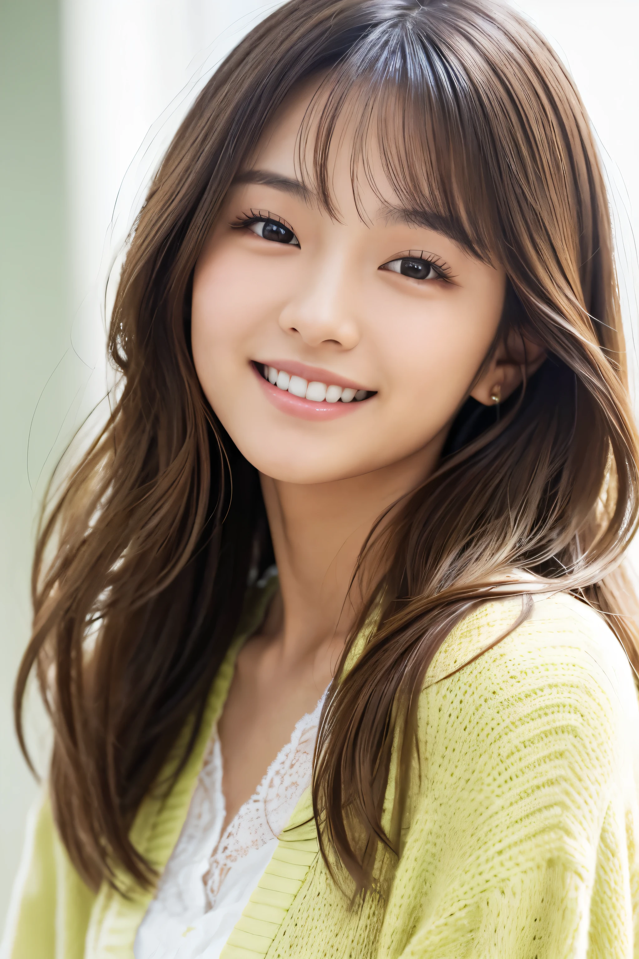 young beautiful japanese woman,, Light brown messy hair, Wearing a white dress and a light yellow-green cardigan, Perfect dynamic composition, Beautiful fine details, Fine hair, Detailed and realistic skin texture, Smiling with a gentle expression, Close-up portrait、Model Body Type