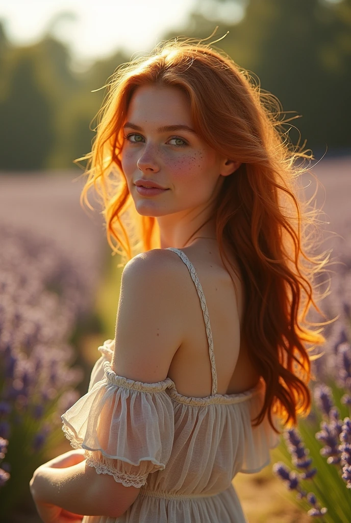 Redhead girl,looking at side, em close. Translucent dress, gently revealing the breasts. 超detailded. freckles,  Rustic dress. Provence. retro photography, David Hamilton Style. Analog photography. grainy. nymph