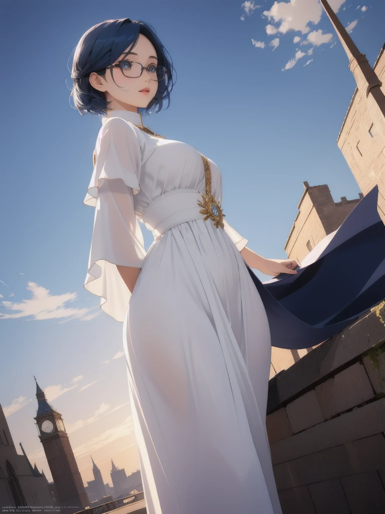 (A girl from below), ((full body)), beautifully detailed eyes, beautifully detailed lips, extremely detailed eyes and face, long eyelashes, white dress, wearing glasses, blue hair, short hair, back view, atmospheric lighting, detailed foliage, vibrant colors, (highest quality, 4k, 8k, high resolution, masterpiece: 1.2), ultra detailed, (realistic, photorealistic, photorealistic: 1.37), complex background, dreamy atmosphere, cinematic lighting,A highly detailed, clear, masterpiece, 8K, high resolution, ultra-detailed, photorealistic, professional lighting, cinematic lighting, fashion photography, ambient lighting, fantasy, background, floating trains, giant airships, surreal, amazing, scene, wonderful, complex, giant cityscapes, from below, ancient city, atmosphere