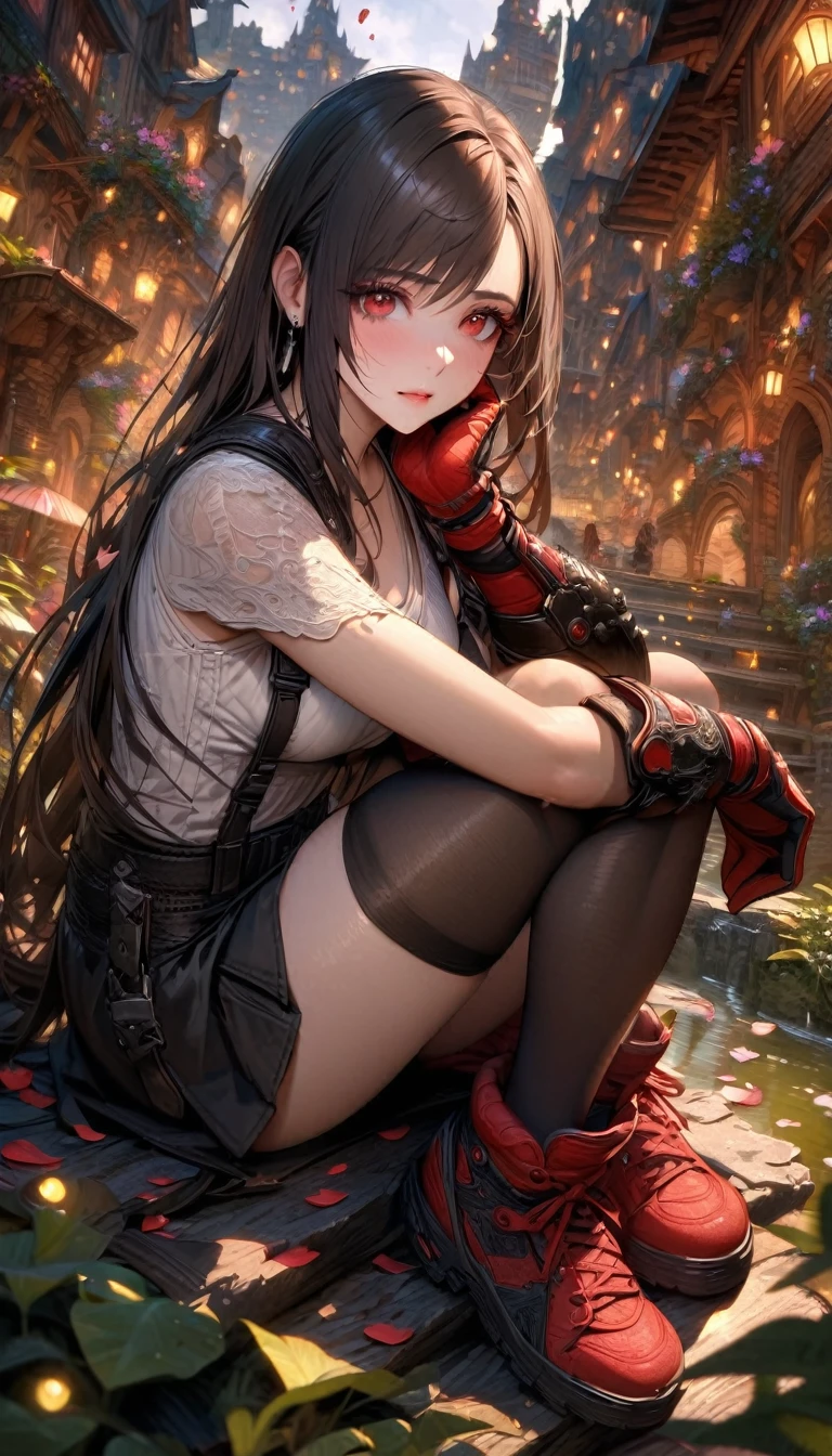 Ultra detailed, highres, absurdres, HDR, master piece, Tifa Lockhart, black hair, long hair, expressive red eyes, white shirt, red and black gloves, black skirt, black stockings, red shoes, Final Fantasy VII Remake, petals, fireflies, woman sitting, solo, extremely beautiful, very detailed face and eyes, best quality, fantasy, magical, realistic face, fantasy city, feathers,