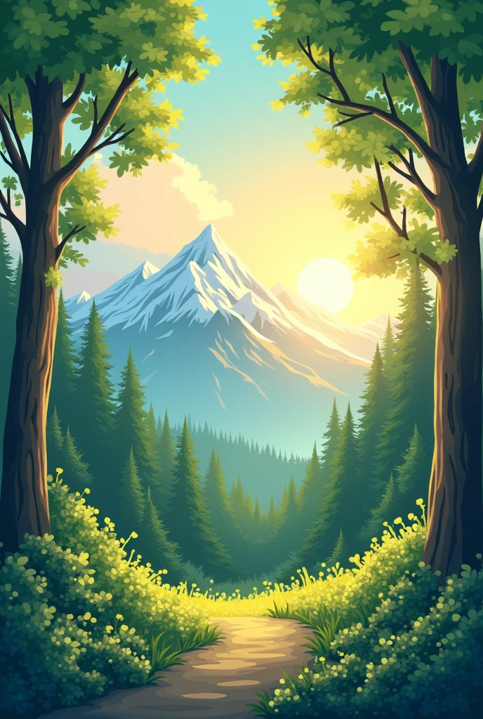 sunrise in a detailed and ray-traced forest landscape between the leaves of the trees, Further away on the left side there are some high mountains, Animated and Japanese cartoon style