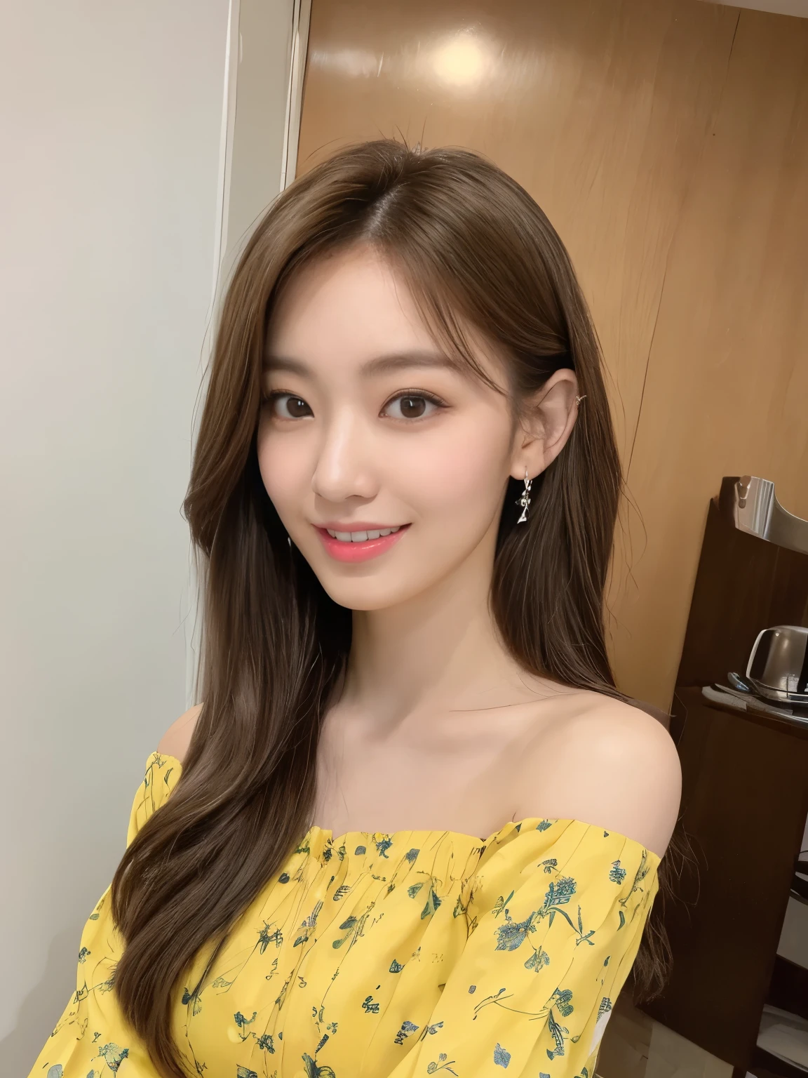 (highest quality、16K high resolution、Super detailed、masterpiece、Live shooting、realistic:1.5、hyper realism:1.5、sharp focus、very delicate and beautiful、small details, bust shot), 35-year-old Japanese woman, 160cm tall, 50kg, bust 84cm, waist 59cm, hips 86cm, heart-shaped face with a pointed chin, shoulder-length layered brown hair styled with soft waves, groomed eyebrows, large expressive brown eyes, a straight nose, full smiling lips, wearing a yellow floral blouse, blue jeans, silver hoop earrings, a few faint freckles adding youthfulness, an overall warm and approachable demeanor, {{{{resembling actress Aya Omasa}}}}