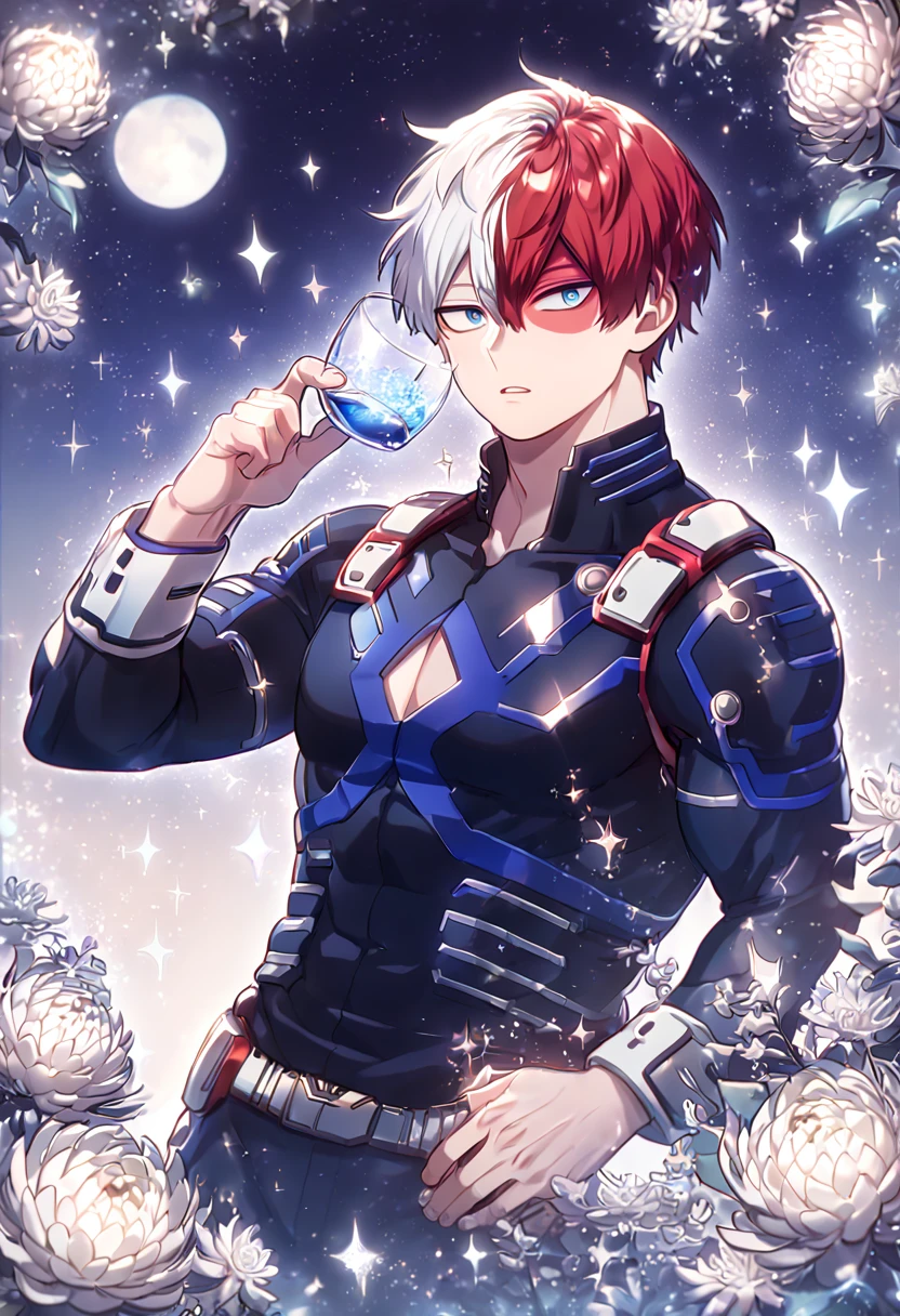absurdres, highres, ultra detailed, HDR, master piece, best quality, extremely detailed, Todoroki Shouto, bicolor hair, right side white hair, left side red hair, expressive blue eyes, Boku No Hero Academia, solo, sexy man, handsome, sensual, manly man, dark blue hero suit, fantasy, glass, sparkling, silver glittering fireflies, silver moon, silver blossoms, silver chrysanthemums, silver sparkling lights, starry sky, magical