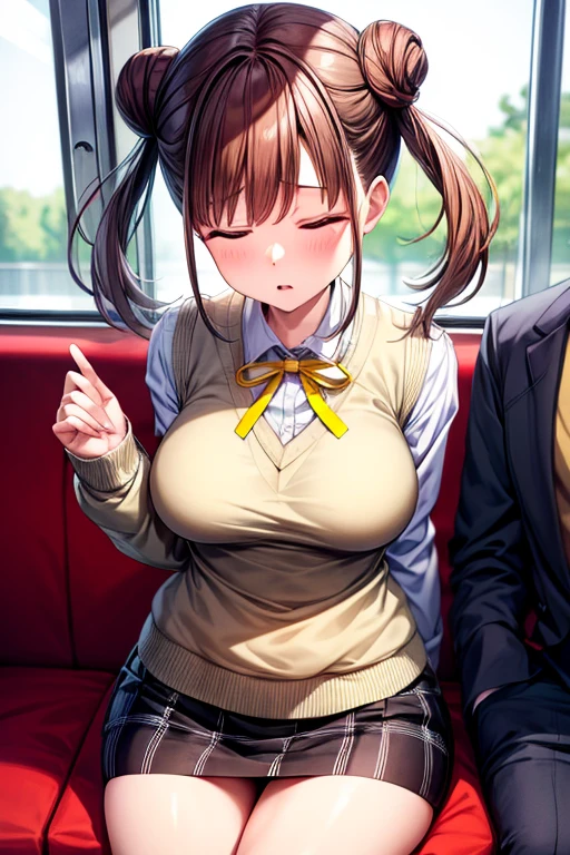 masterpiece, Highest quality, High resolution, ((train)),Sitting、grandmother, double bun, twintails, neck ribbon, yellow ribbon, collared shirt, sweater vest, blazer, black jacket, open clothes, long sleeves, plaid skirt, brown skirt、、cute、Attractive breasts、from the front、Sleep、Closed eyes、Weakness、Relaxation、腕がWeakness、To let one's arms hang down、Leaning on your back、